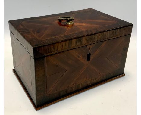 A George III mahogany and Amboyna quarter veneered rectangular flat top tea caddy, 19.5cm wide 