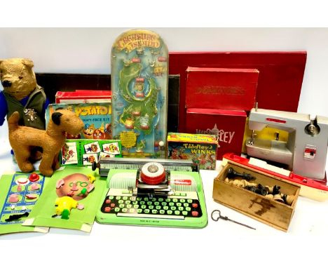 Toys - Vulcan Classic sewing machine; Metatoy Traveller typewriter, board games, teddy bear, etc 