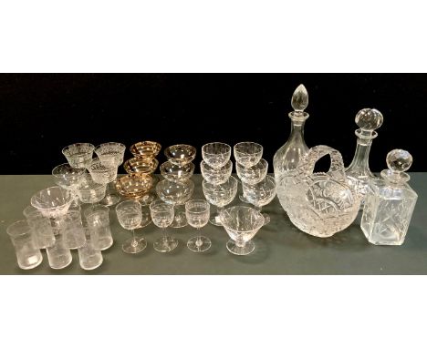 Glassware - a ship's decanter, two other decanters; fruit basket; drinking glasses, some engraved; etc 