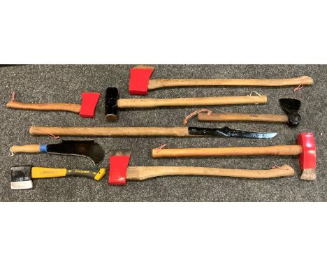 Hand Tools -a Yorkshire Bill Hook, Ripper, Log Splitter, Sledge Hammer, Axes etc (9) 