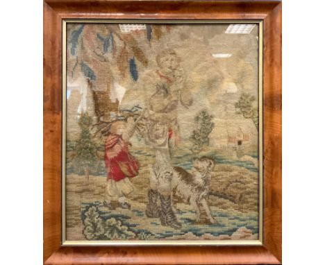 A 19th century woolwork tapestry panel, Figures Walking in the Woods, 42cm x 37.5cm 