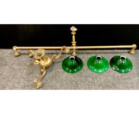 Lighting - an Edwardian brass billiard table 3 light tubular bar light fitting with green glass shades; a 3 light chandelier 