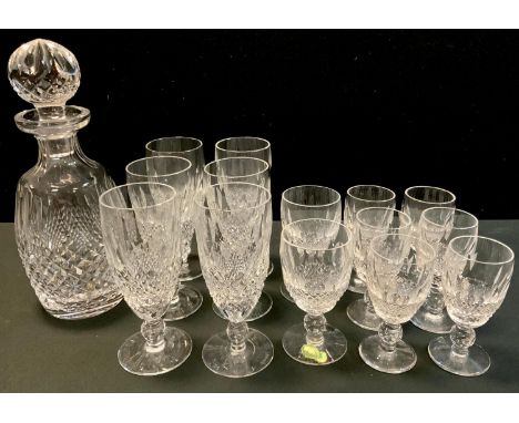 A Waterford Colleen pattern lead crystal cut glass decanter, six Waterford Colleen pattern continental champagne glasses, six