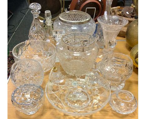 Glassware - a cut crystal glass decanter; others, bowls, trumpet vase, atomizer etc quantity 