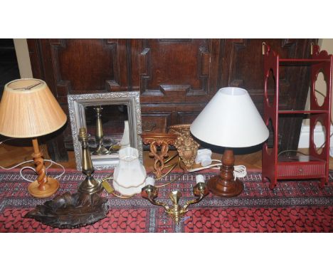 A gilt wall bracket, in relief with flowers and foliage, 22cm high;   two light gilt metal wall light;  side lights;  etc 