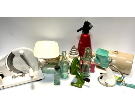 Kitchenalia - a vintage 1977 jubilee soda syphon,  Harper Limpet food mincer, bean slicers, scales etc qty 