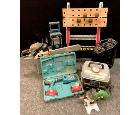 Tools - a Makita site radio, cordless drill driver;  950 watt portable generator, Ryobi chainsaw etc qty 