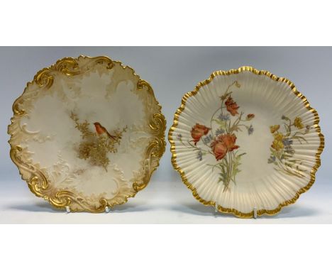 A Grangers Worcester plate, painted with a Robin resting upon a branch within molded scrolling border, printed marks, 22.5cm 