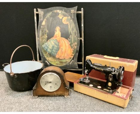 A vintage singer electrical sewing machine, enameled swing handle; pan; firescreen, etc 
