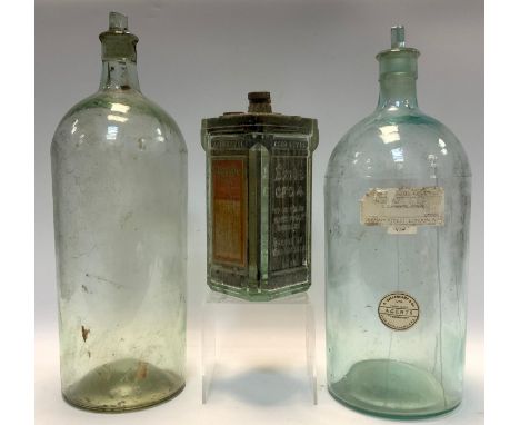 Tools - a vintage Exide GFG4 glass cased battery;  two apothecary clear glass bottles (3) 