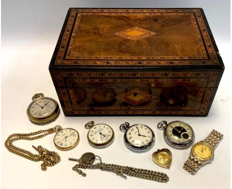 Watches - an Ingersoll chrome cased open face pocket watch, two tone black and cream dial, manual wind movement;  others Cham