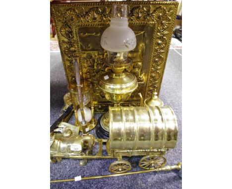 Brass - a Victorian brass oil lamp, duplex burner; a brass horse and cart; a brass egg timer; brass standish; coffee pot; che