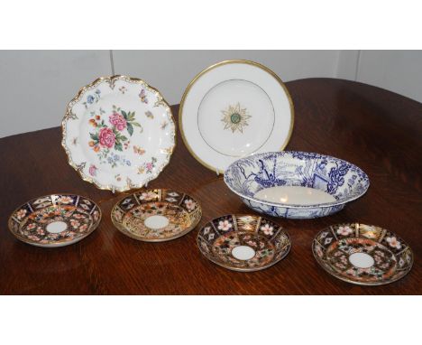 A Royal Crown Derby Derby Days wavy edge plate;  a Mikardo oval bowl;  four Sampson Hancock Imari saucers, c.1900 