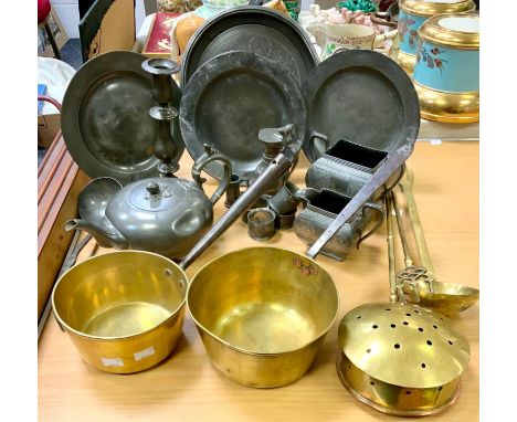 Two late Victorian brass pans, chestnut roaster, ladle and toasting fork; Pewterware - a pushup candlestick, plates, condimen