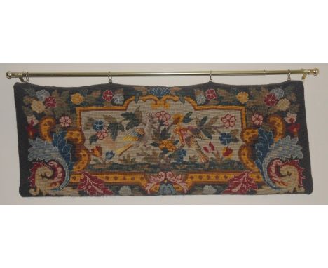 A Victorian woolwork tapestry, embroidered with birds, 70cm wide, 33cm high, c.1870 