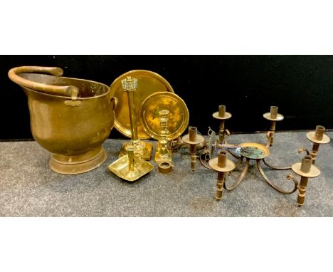 Metalware - a Victorian brass ejector candlestick; a pair of candlesticks; chamber stick; trays; coal scuttle; 6 branch ceili