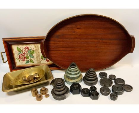 Scales and weights - a cast iron eight section weight tower; others, brass shaped, etc, qty; a brass bound tray, etc 