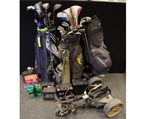 Golf - assorted golf clubs inc Ping, Hippo, Taylor Made, etc, power caddy bag, others, electric trolley etc qty 