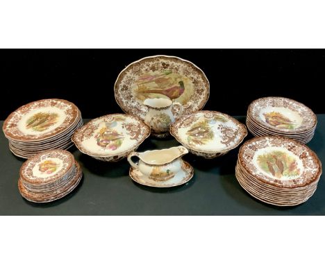 A Palissy Worcester Game Birds series dinner service inc two tureens and covers, oval meat platter, dinner plates, soup bowls