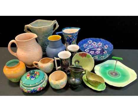 A Shelley Harmony dribble banded jar,  a similar cake stand, Maling bowl, Mintons Rotique powder bowl;  pair of Magic City pa