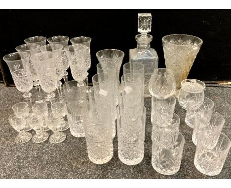 Glassware - a crystal cut glass decanter and stopper;  set of eight lemonade tumblers, whisky tumblers, champagne flutes, vas