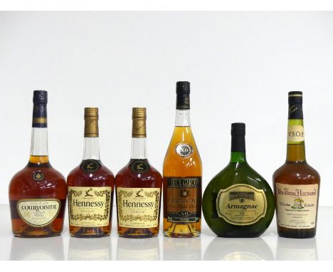 1 litre bt Courvoisier V.S. Cognac 40% vsl bs 2 70-cl bts Hennessy V.S. Cognac 40% 1 70-cl bt Vieux Garçon XO Pure French Bra