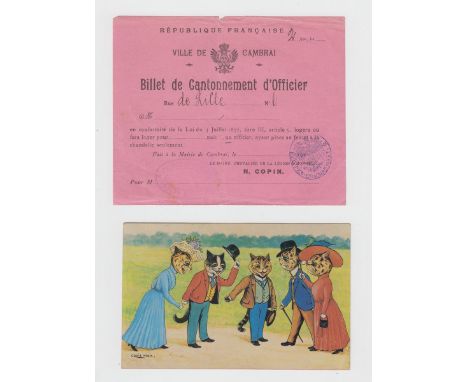 Postcards/Ephemera, mixed selection including four Louis Wain plain backed cat cards, French Billet leaflets, Cambrai 1918 (5