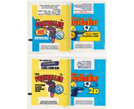 Trade card wrappers, A&BC Gum, four different football card wrappers, Footballer 2p (player shooting ball), Footballer 2p (go