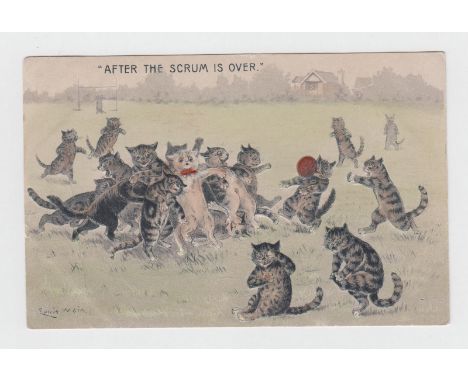 Postcards, Louis Wain, two cards, 'Here they come' published by Faulkner, series no 515A (p.u 1905, gd) & 'After the Scrum is