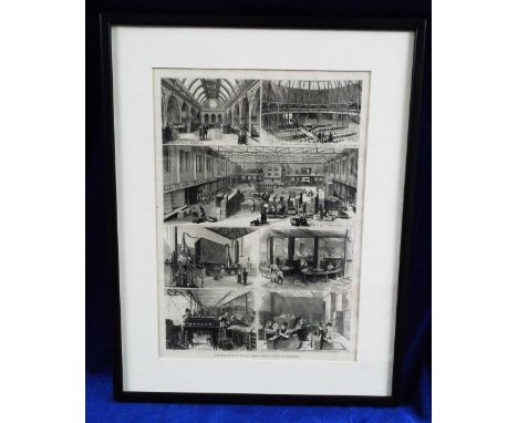 Breweriana, a framed and glazed b&w print showing multi-views of Gilbey's Gin Distillery, London, late 1800's, approx 37cm x 