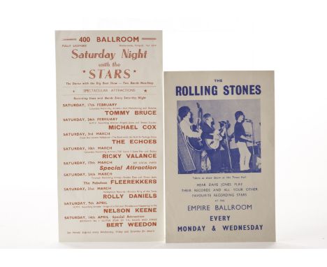 Flyers: Two early 1960s flyers, one with an image of the Rolling Stones 1964, the 2nd promoting 1962 gigs by Tommy Bruce, The