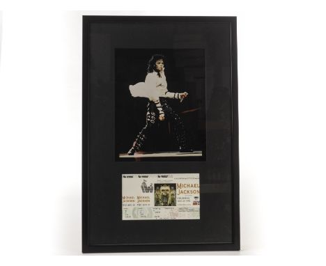 Michael Jackson: Two framed and glazed photos of Michael in live performance, mounted with complete mint tickets for Jackson’