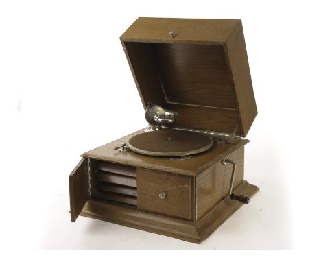 Table grand gramophone: a table grand gramophone, un-named, with Concert soundbox, light oak case with ‘square’ lid and doors