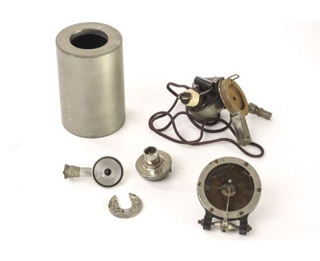 Phonograph accessories: an Edison recorder; a Columbia type recorder body with weight; a Pathé Salon mandrel; a Pathé disc re