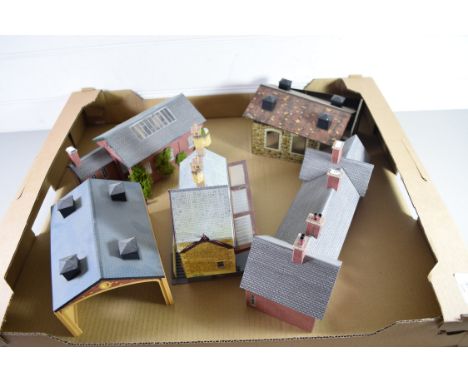 Group of card models of buildings to include railway stations, engine sheds etc