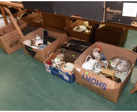 Three boxes inc. brass kettle, 1930s tea set, tin box, Continental porcelain figures etc