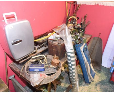 A group of salvage inc. garden sieve, cast iron sign, copper watering can, heavy duty scales, two gallon drums, garden tools,