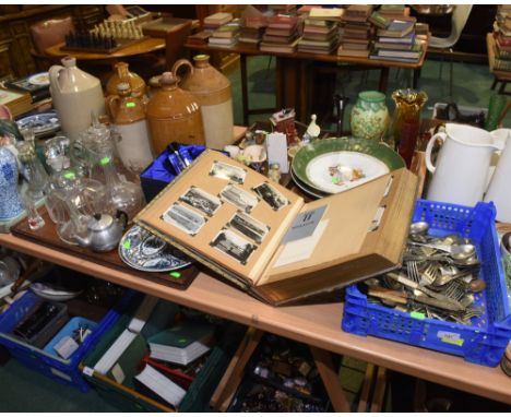 Two trays inc. silver plate flatware, Deco style scent bottle, 19th century ship's decanter, a Wood & Sons commemorative plat