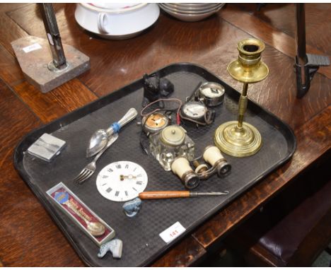 A tray inc. a volt meter, opera glasses, brass candle stick etc.