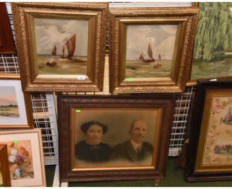 A pair of late 19th century/early 20th century seascapes of sailing boats, together with a late Edwardian photographic portra