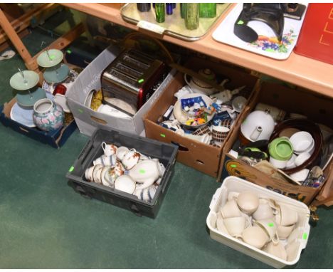 Six boxes inc. a Copeland Spode creamware tea service, Midwinter partial coffee service, Staffordshire teapot, Japanese tea s