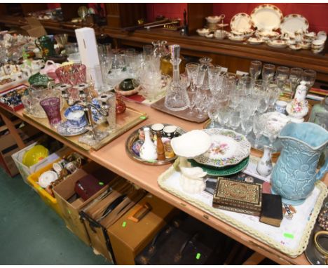 Three trays inc. 19th century amethyst coloured flash glass vase, ruby flash glass vase, silver plate three light candelabrum