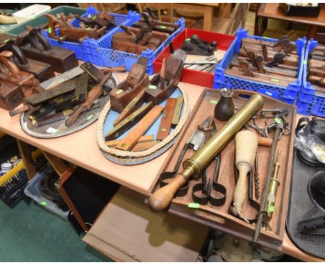 Three trays of vintage wooden and brass tools including: Alex Mathieson & Sons, Glasgow and two other set squares; J. Rabone 