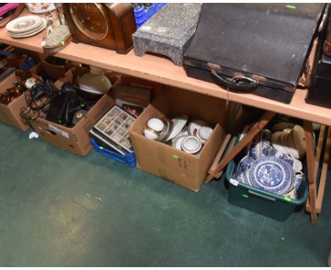 Four boxes inc. a large quantity of Old Willow blue and white wares, a gilt highlighted Noritake tea service (partial), geolo