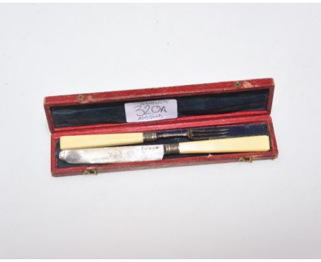 A cased George IV silver bladed and ivory handled christening knife and fork, Birmingham 1820