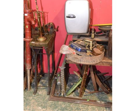 A vice bench; tog. with a vice, a companion set, vintage milk cooler, measures, fender, vintage iron wheels, cogs etc