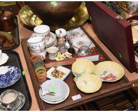 A tray inc. Royal Grafton "Malvern" pattern teawares, Czechoslovakian glass vase, small millefiori paper weights, Carltonware