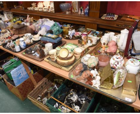 Four trays inc. Sadler and other ginger jars, 1920s dressing table jar, brass cigarette box, composition busts, Burlington co