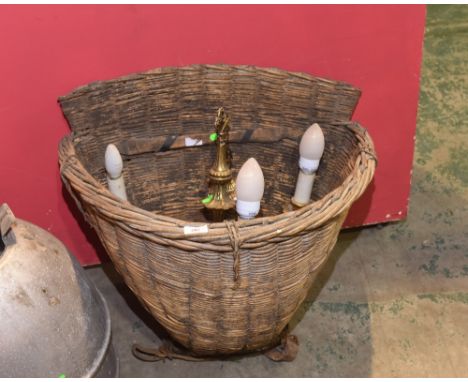 A vintage wicker carrying basket; tog. with a three light chandelier