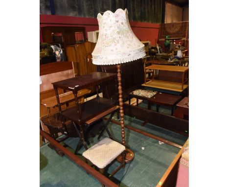A group comprising two occasional tables, an oak stool and a standard lamp (4)